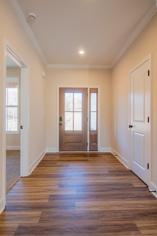 entryway featuring dark hardwood / wood-style flooring, a wealth of natural light, and ornamental molding