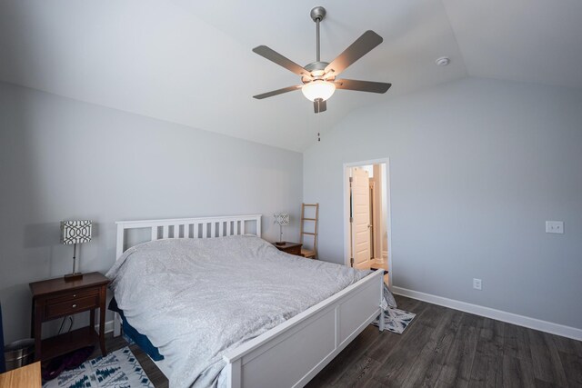 bedroom featuring dark wood-type flooring, ceiling fan, and vaulted ceiling