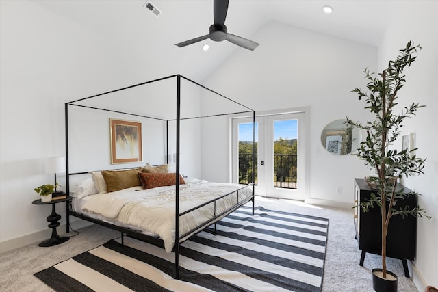 bedroom featuring ceiling fan, french doors, high vaulted ceiling, access to outside, and light carpet