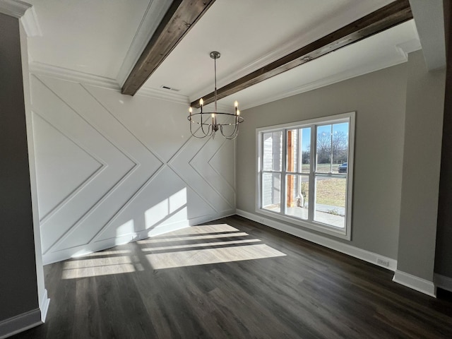 unfurnished dining area featuring crown molding, beamed ceiling, dark hardwood / wood-style floors, and a notable chandelier