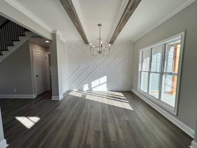 unfurnished dining area featuring beamed ceiling, ornamental molding, dark wood-type flooring, and a chandelier