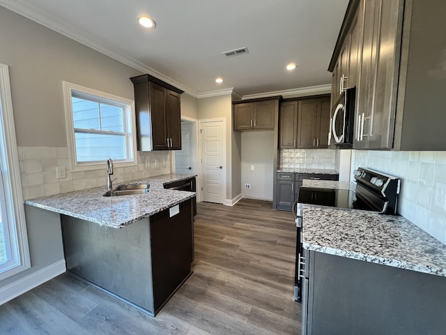 kitchen featuring light stone counters, sink, hardwood / wood-style flooring, and electric range oven