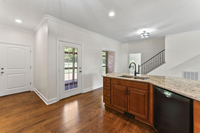 kitchen featuring light stone counters, dark hardwood / wood-style flooring, sink, and black dishwasher