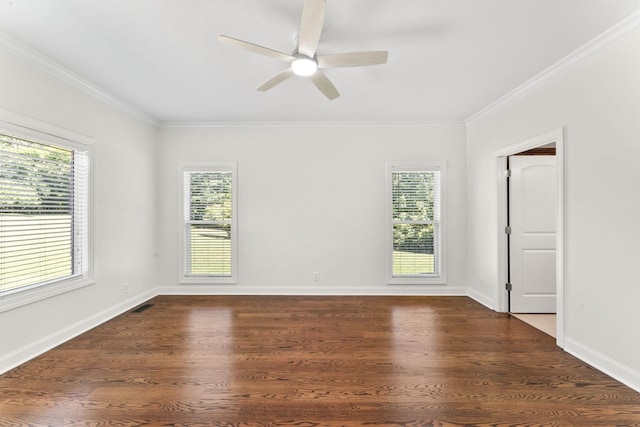 spare room with ceiling fan, dark hardwood / wood-style floors, and ornamental molding