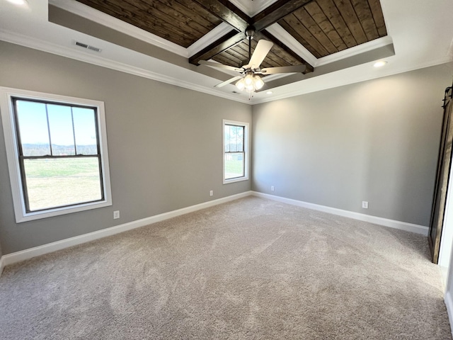 unfurnished room with ceiling fan, beam ceiling, crown molding, and coffered ceiling