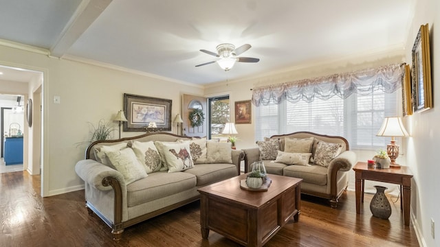 living room with ceiling fan, crown molding, and dark hardwood / wood-style floors