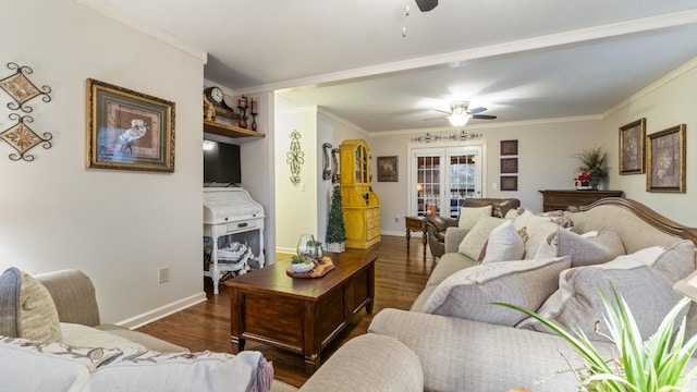 living room featuring french doors, dark hardwood / wood-style floors, ceiling fan, and ornamental molding