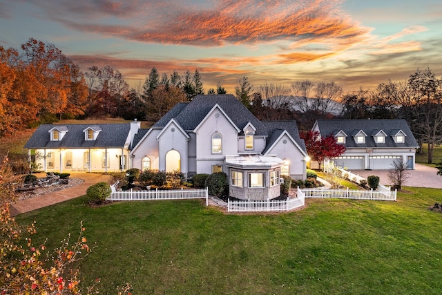 back house at dusk with a garage and a yard