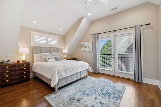 bedroom with french doors, dark hardwood / wood-style flooring, access to outside, vaulted ceiling, and ceiling fan