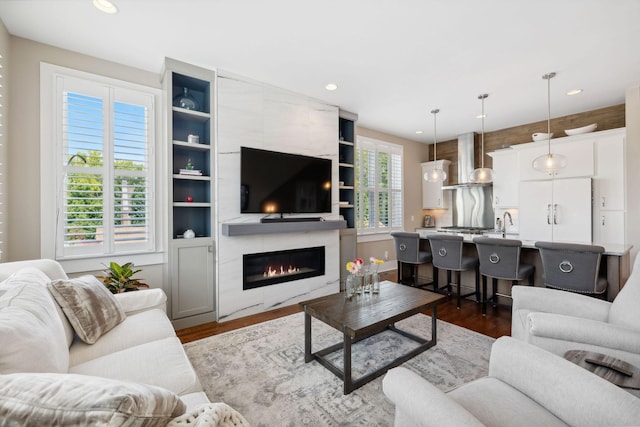 living room featuring a fireplace, dark hardwood / wood-style floors, and built in features