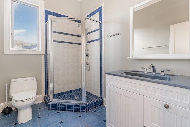 bathroom featuring tile patterned floors, toilet, an enclosed shower, and vanity