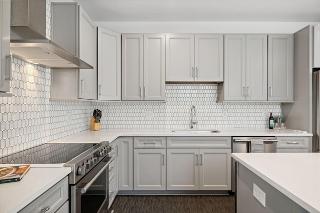 kitchen with gray cabinetry, sink, wall chimney exhaust hood, tasteful backsplash, and appliances with stainless steel finishes