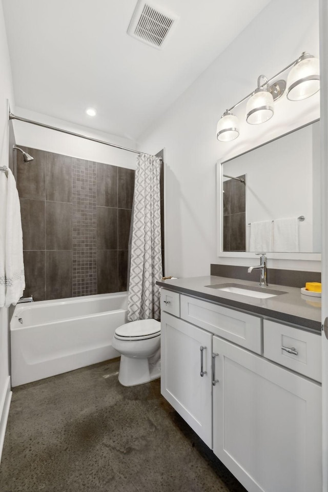 full bathroom featuring shower / bath combination with curtain, vanity, and toilet