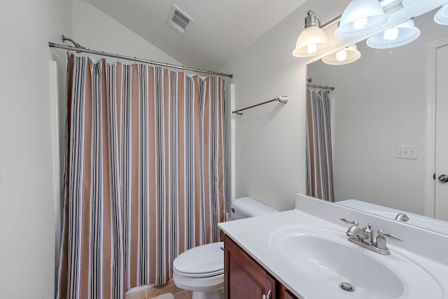 bathroom with vanity, vaulted ceiling, tile patterned flooring, a shower with shower curtain, and toilet