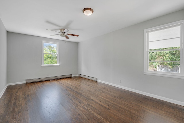 unfurnished room featuring dark wood-type flooring, ceiling fan, and a baseboard heating unit