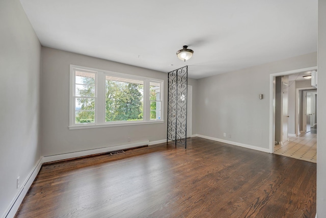 empty room featuring dark wood-type flooring and a baseboard heating unit