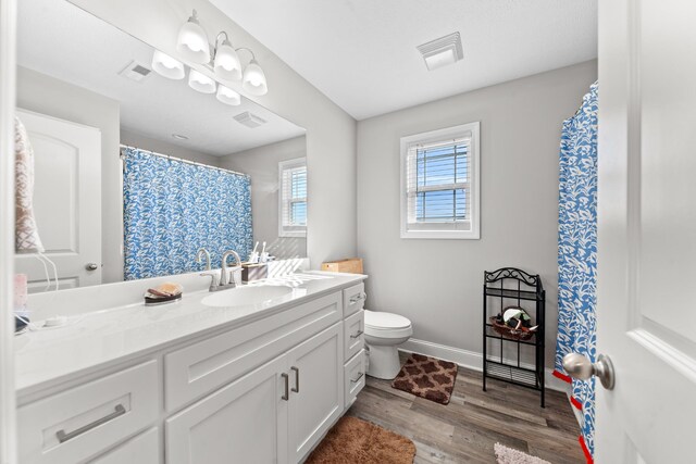 bathroom featuring vanity, hardwood / wood-style flooring, and toilet