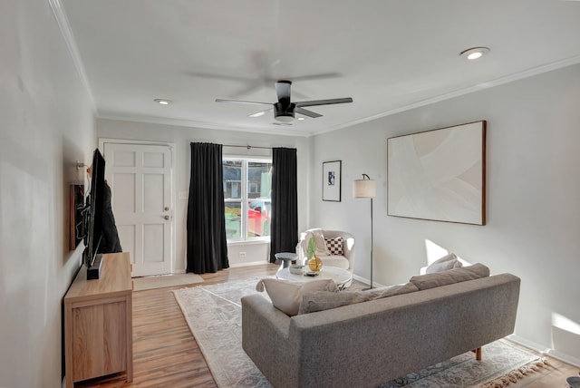 living room featuring ceiling fan, crown molding, and hardwood / wood-style floors