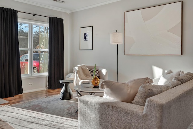 living room with crown molding and wood-type flooring