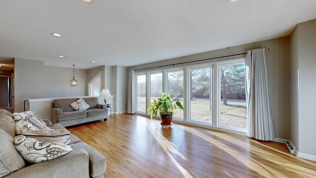 living room featuring a textured ceiling and light hardwood / wood-style floors