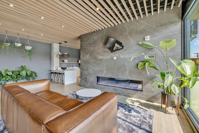 living room with a high end fireplace and hardwood / wood-style flooring