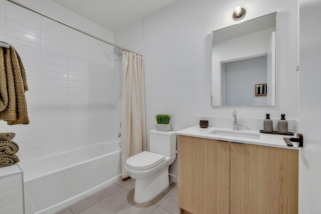 full bathroom with shower / bath combo with shower curtain, tile patterned flooring, vanity, and toilet