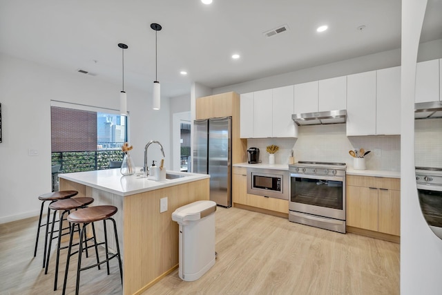 kitchen featuring decorative backsplash, stainless steel appliances, pendant lighting, a center island with sink, and white cabinets