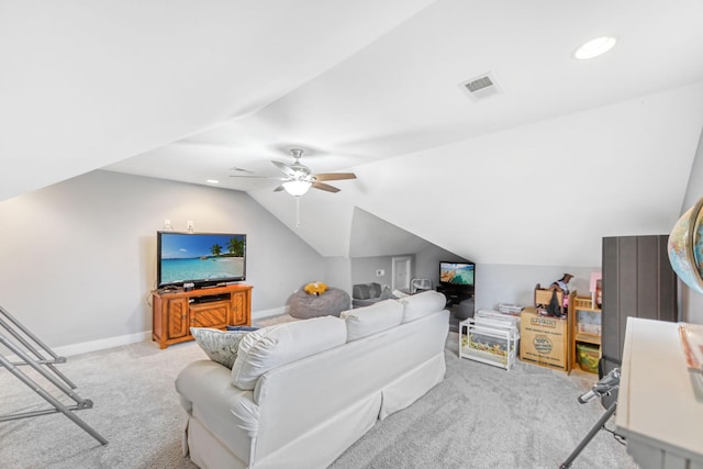 living room with light carpet, vaulted ceiling, and ceiling fan