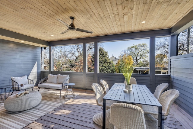 sunroom with ceiling fan and wooden ceiling