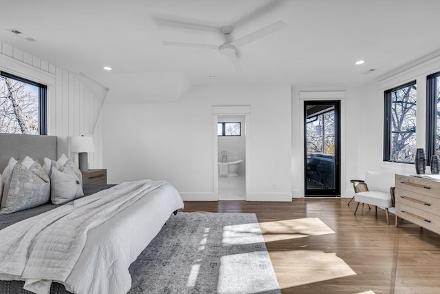 bedroom with ceiling fan and dark wood-type flooring