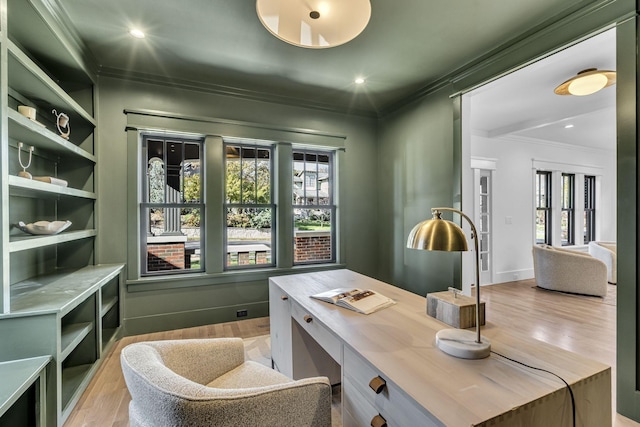 office with light hardwood / wood-style floors and crown molding