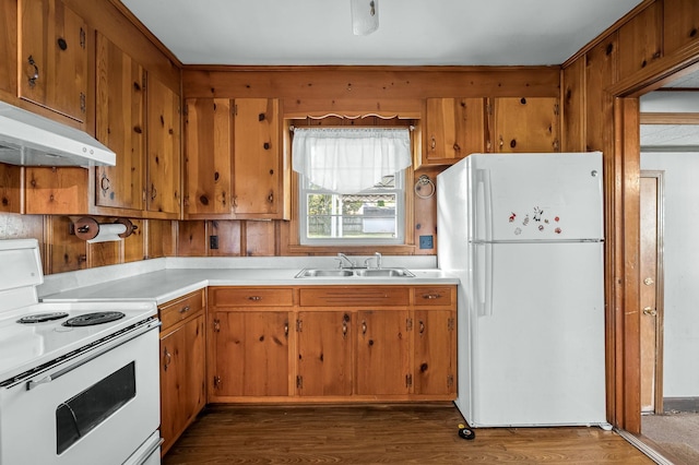 kitchen with dark hardwood / wood-style floors, white appliances, and sink