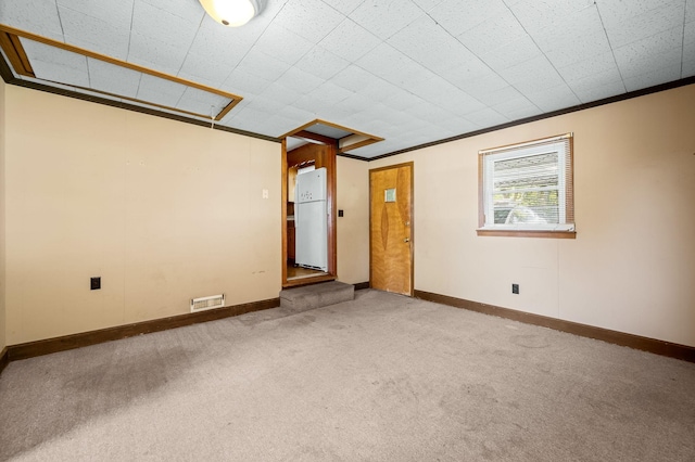 carpeted empty room featuring crown molding