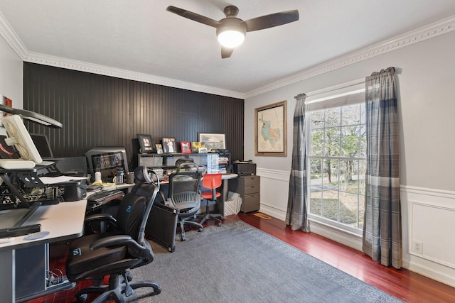 office area with ceiling fan, crown molding, and wood-type flooring