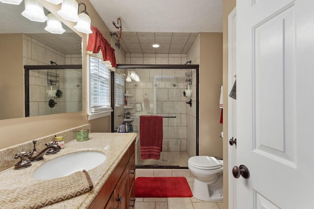 bathroom featuring toilet, vanity, tile patterned floors, and an enclosed shower