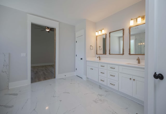 bathroom featuring vanity and ceiling fan