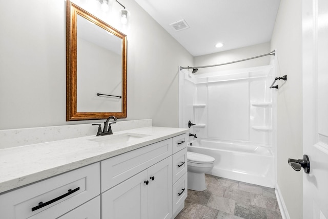 full bathroom featuring toilet, vanity, and bathing tub / shower combination