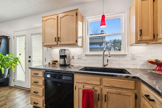 kitchen featuring light brown cabinetry, a wealth of natural light, sink, and black dishwasher