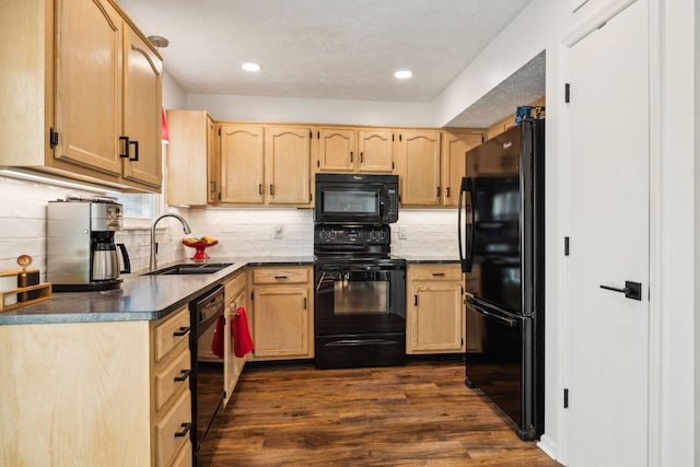 kitchen with sink, dark hardwood / wood-style flooring, backsplash, light brown cabinetry, and black appliances