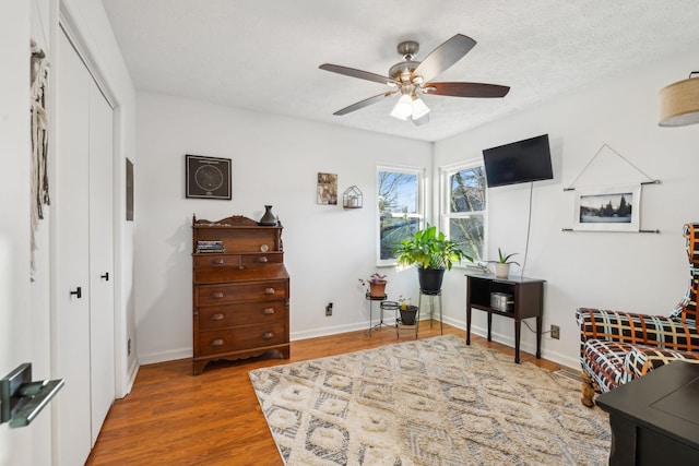 interior space featuring ceiling fan, wood-type flooring, and a textured ceiling