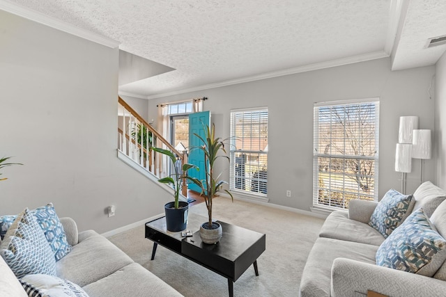 carpeted living room with a textured ceiling and ornamental molding