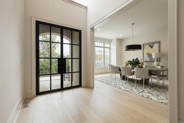 doorway with wood-type flooring, french doors, and plenty of natural light