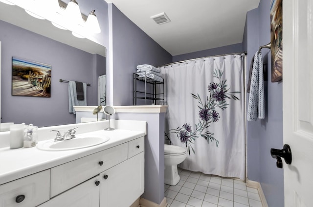 bathroom featuring tile patterned floors, vanity, toilet, and a shower with curtain