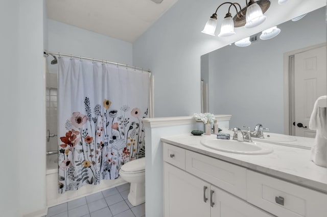 full bathroom with vanity, tile patterned flooring, shower / bathtub combination with curtain, and toilet