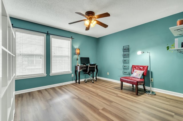 home office with light hardwood / wood-style flooring, plenty of natural light, and ceiling fan