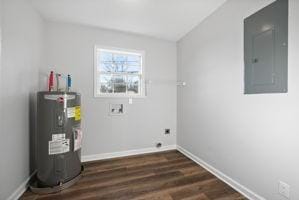 clothes washing area featuring electric panel, hookup for a washing machine, water heater, hookup for an electric dryer, and dark hardwood / wood-style flooring