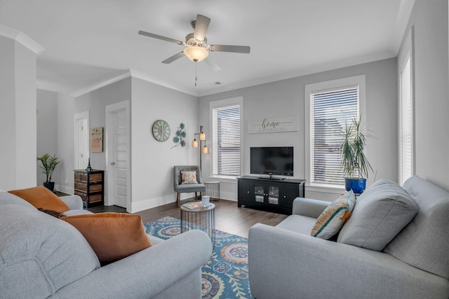 living room featuring crown molding, dark hardwood / wood-style flooring, and ceiling fan