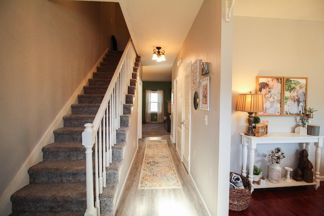 staircase with hardwood / wood-style flooring