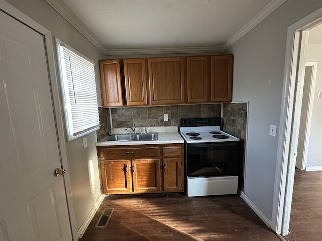 kitchen with backsplash, ornamental molding, sink, dark hardwood / wood-style floors, and range with electric stovetop