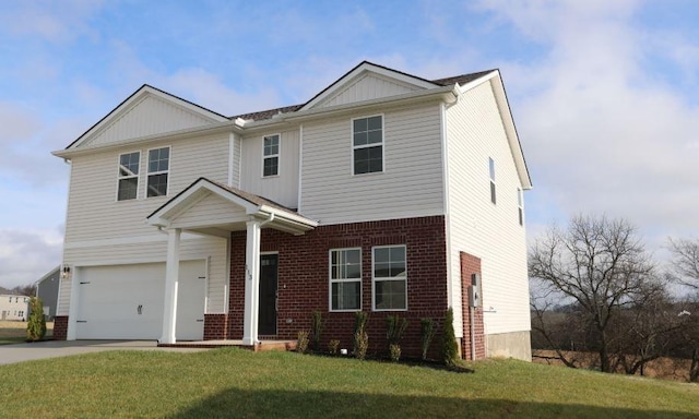 view of front of house with a garage and a front lawn